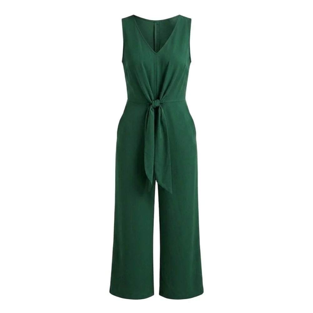 Gabby Emerald Green Tie Front Wide Leg Jumpsuit Sz 18W Resortwear Dark Academia - Picture 2 of 4
